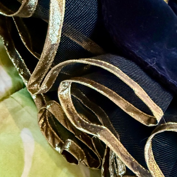 LIKE NEW! Soft Black Velvet Strapless Dress Gold Floral Embroidering Tulle Skirt - Picture 3 of 6